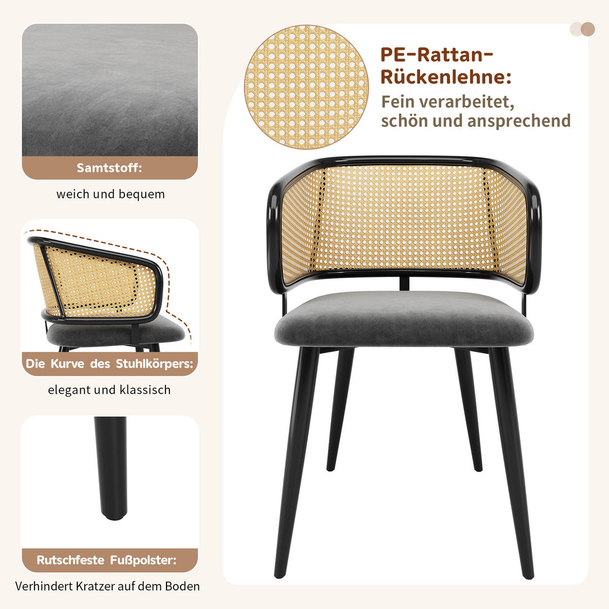 ESSZIMMERSTÜHLE 2er Set Rattan Rückenlehne & Samtsitz - Grau, Leder/Textil (47/79/47cm) - Urban Meuble