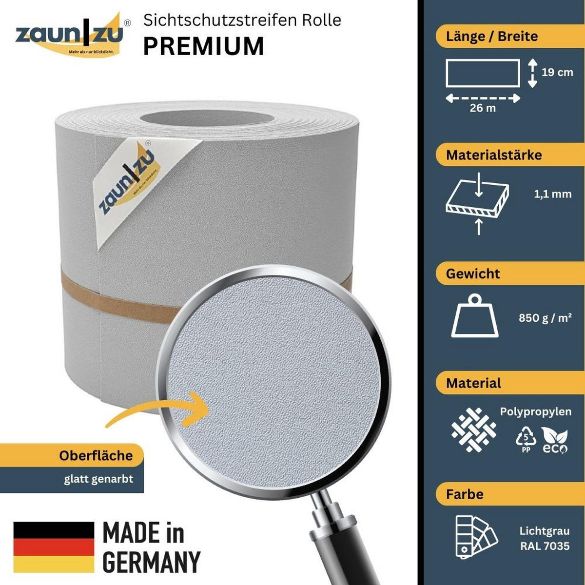 SICHTSCHUTZSTREIFEN Premium für Doppelstabmatten Zaunblende Lichtgrau, 26m - Hellgrau, Kunststoff (2600/19cm) - ZAUN|ZU