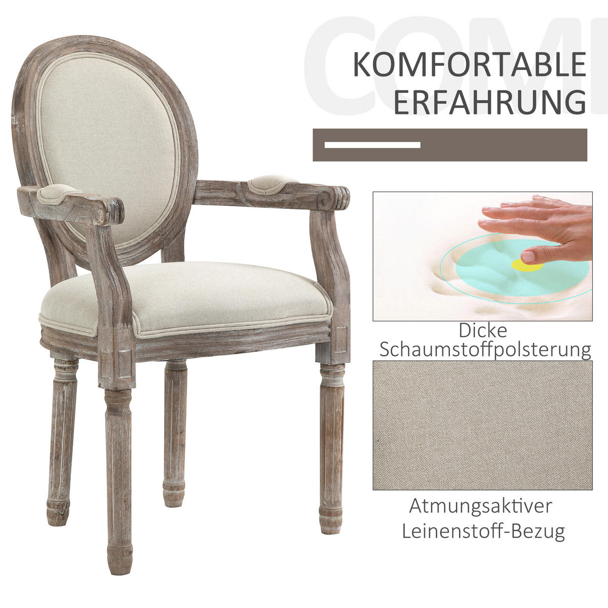 ESSZIMMERSTÜHLE 2ER-SET aus Gummiholz Polyester Cremeweiß - Creme, Textil (55.5/96/56cm) - HOMCOM