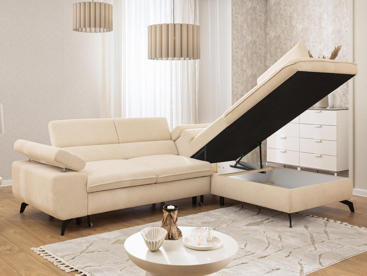 ECKSOFA mit Schlaffunktion und Bettkasten Bonnie aus Creme Chenille-Stoff mit verstellbaren Kopfstützen und Armlehne - Ottomane rechts - Creme/Schwarz, Holz/Textil (275/210cm) - S-Style Möbel