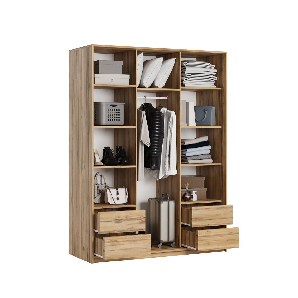 SCHWEBETÜRENSCHRANK ORRA 150/205/60 cm 3-türig mit Spiegel und Lamellen Eiche Wotan - Eiche Wotan/Schwarz, Holzwerkstoff (150/205/60cm) - MASSENO
