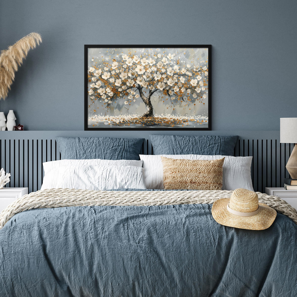 POSTER MIT RAHMEN Baum - Blumen - Weiß - Natur - Kunst 90x60 cm - Weiß, Papier (90/60cm) - MuchoWow