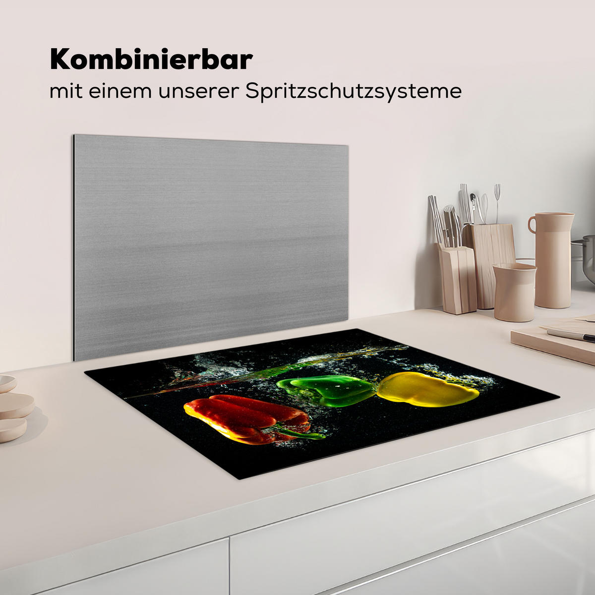 HERDABDECKPLATTE Paprika - Gemüse - Wasser - Schwarz - Rot - Grün - Gelb Herdabdeckung Induktionsfeld 70x52 cm - Multicolor, Kunststoff (70/52/0.2cm) - MuchoWow