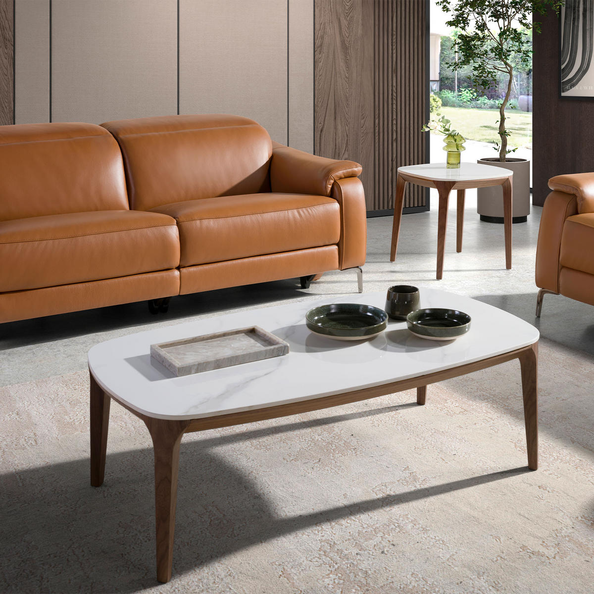 COUCHTISCH Ovaler Tisch aus Porzellan, Marmor und Nussbaum 119/65/41 cm - Walnussfarben/Weiß, Keramik (65/119/41cm) - ANGEL CERDA