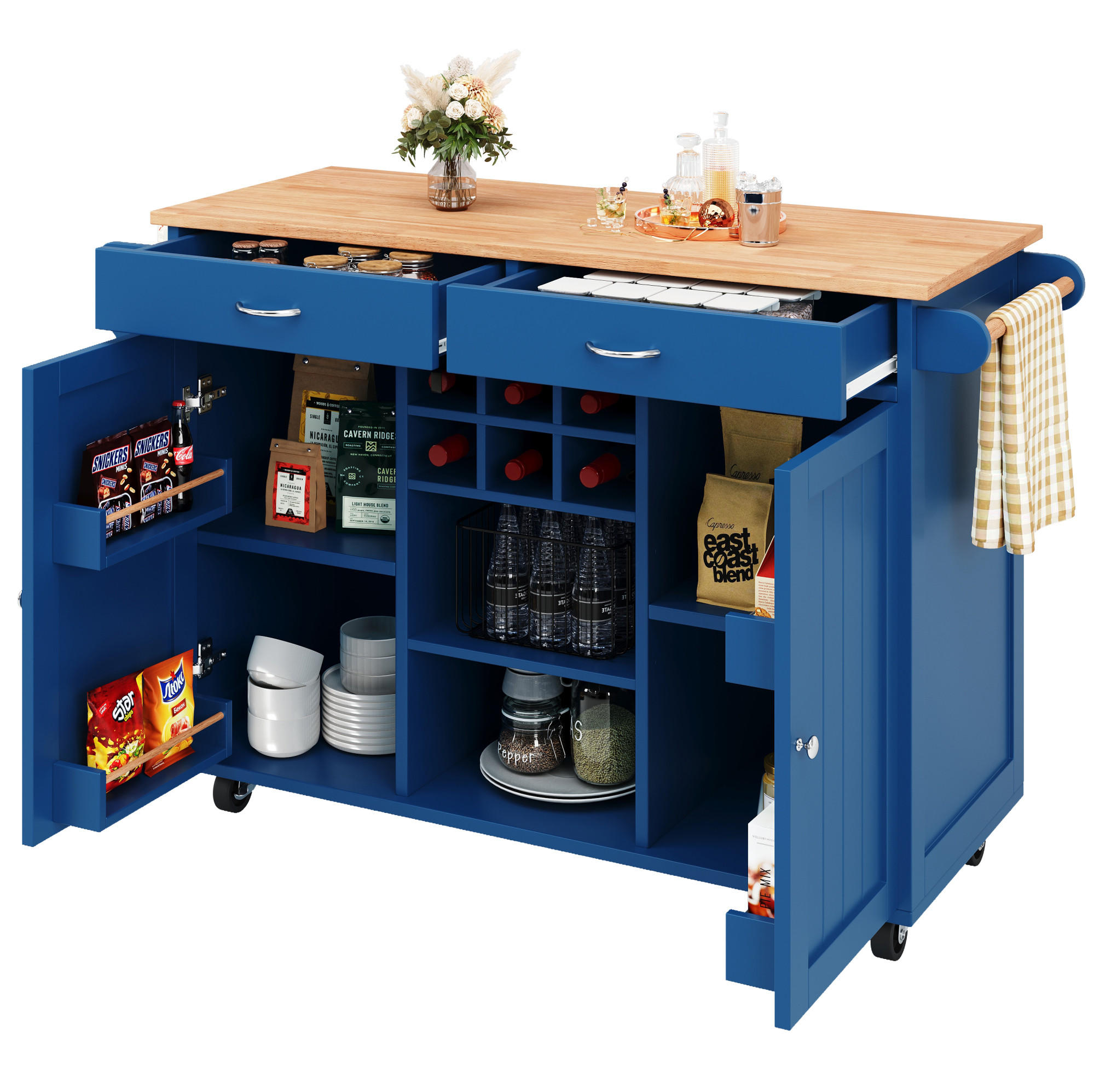 KÜCHENINSEL aus MDF mit Holzmaserung, Servierwagen mit Ablagefächern & Rollen, 102/45/92 cm, Blau - Blau, Holzwerkstoff (102/92/45cm) - Redom
