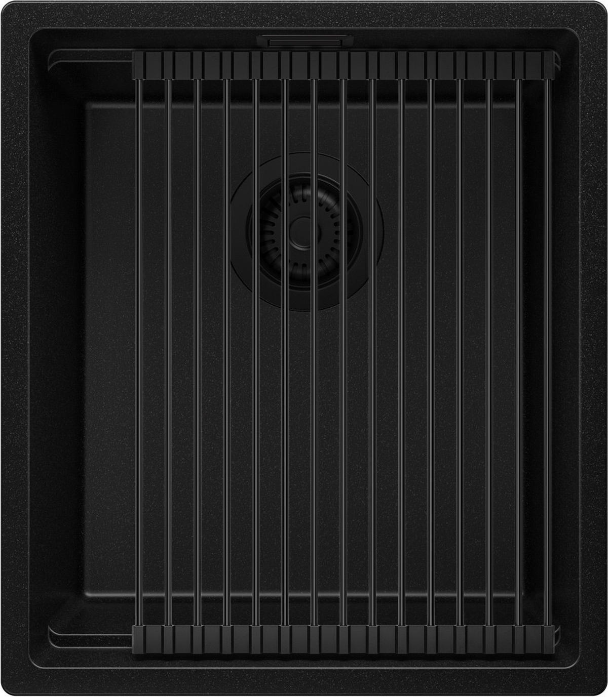 UNTERBAUSPÜLE GRANIT Praga, 2-er set Alles Schwarz 41/47 cm 1 Becken + Ablauf-Set + Aufrollbare Abtropffläche ab 45er Unterschrank - Schwarz, Kunststoff (41/20/47cm) - Primagran