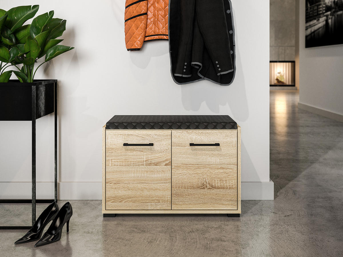 SCHUHBANK Caro Sonoma Eiche hell / schwarz 70 / 34 / 48cm - Schwarz/Braun, Holz/Holzwerkstoff (70/48/43cm) - Feldmann-Wohnen