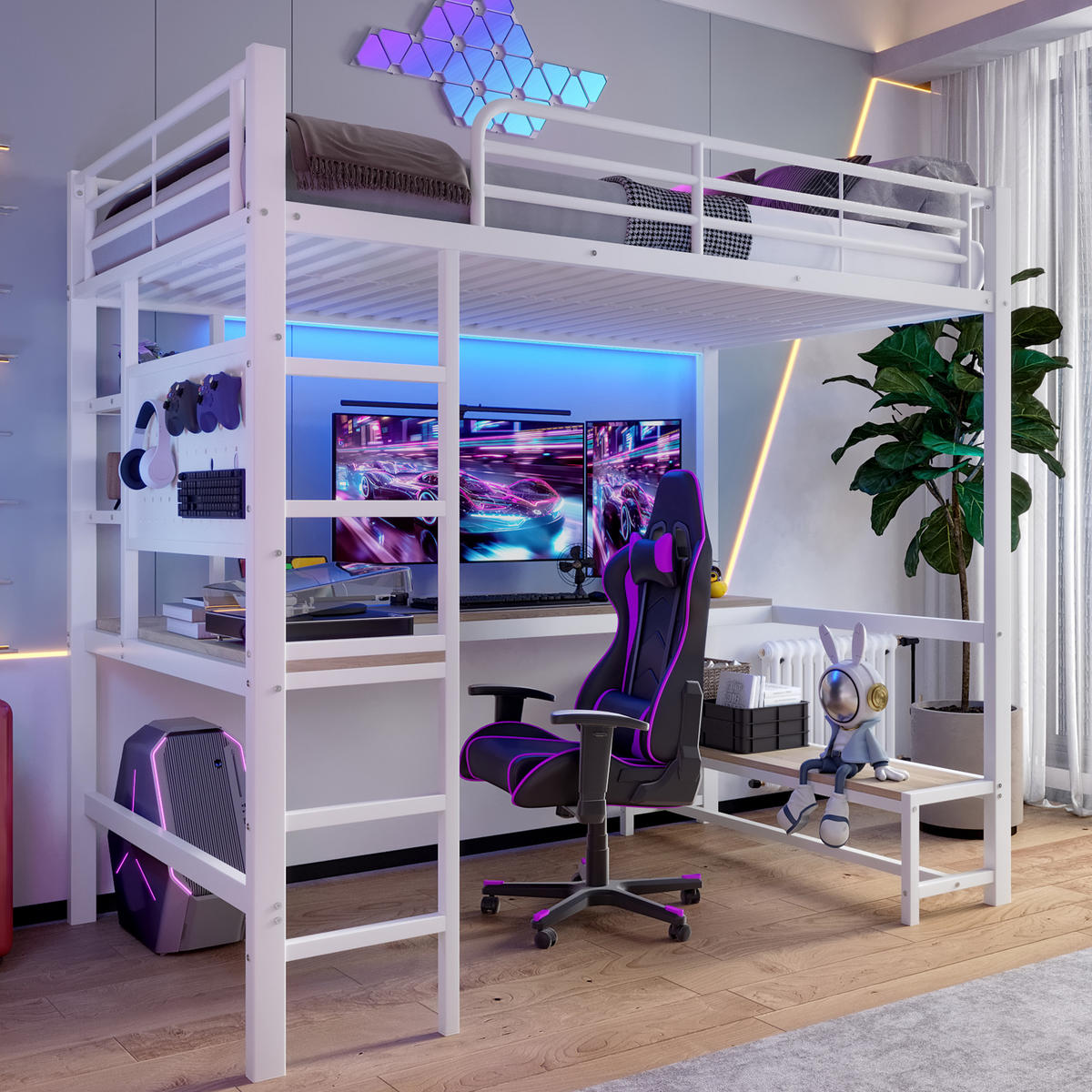 HOCHBETT 90x200cm Weiß Metall Schreibtisch LED-Licht USB-C - Weiß, Metall (90/200cm) - FLIEKS