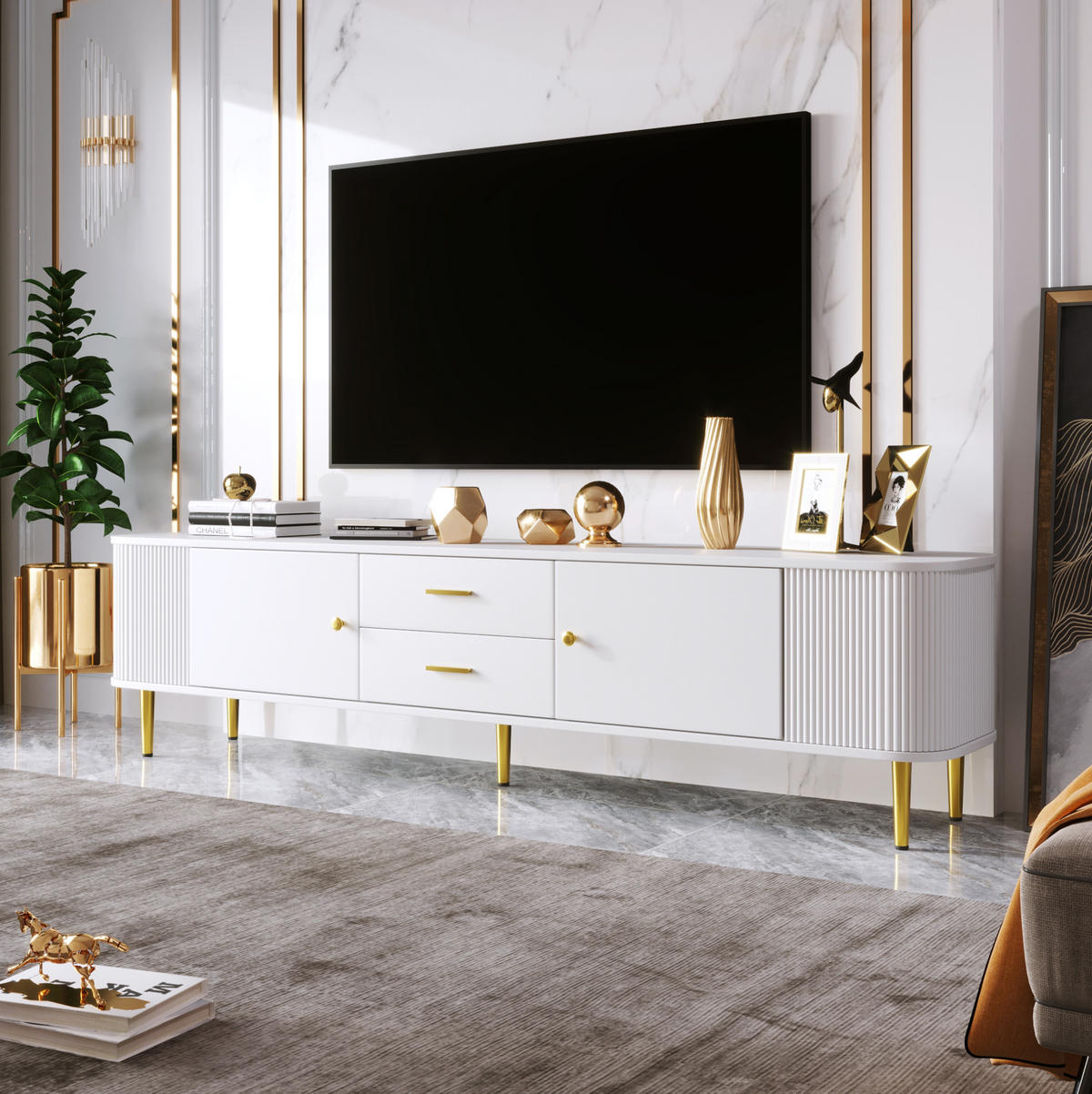 TV-LOWBOARD aus MDF 170x34x45 cm Weiß mit 2 Schubladen und 2 Türen - Weiß, Holzwerkstoff (170/45/34cm) - IVMEU