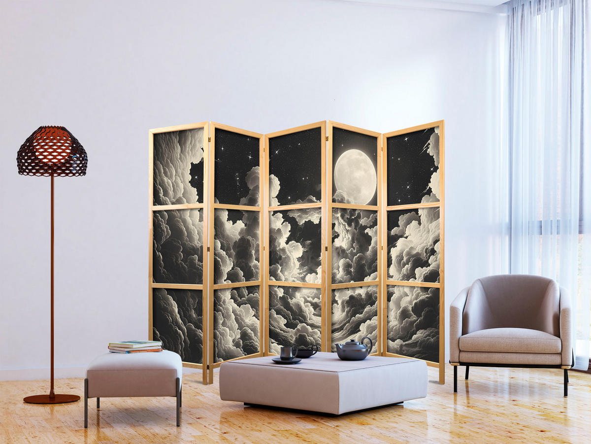 PARAVENT Japanischer 5-tlg 225x172 cm Wolken Mond - Schwarz, Holz/Textil (225/172/3cm) - Muralo