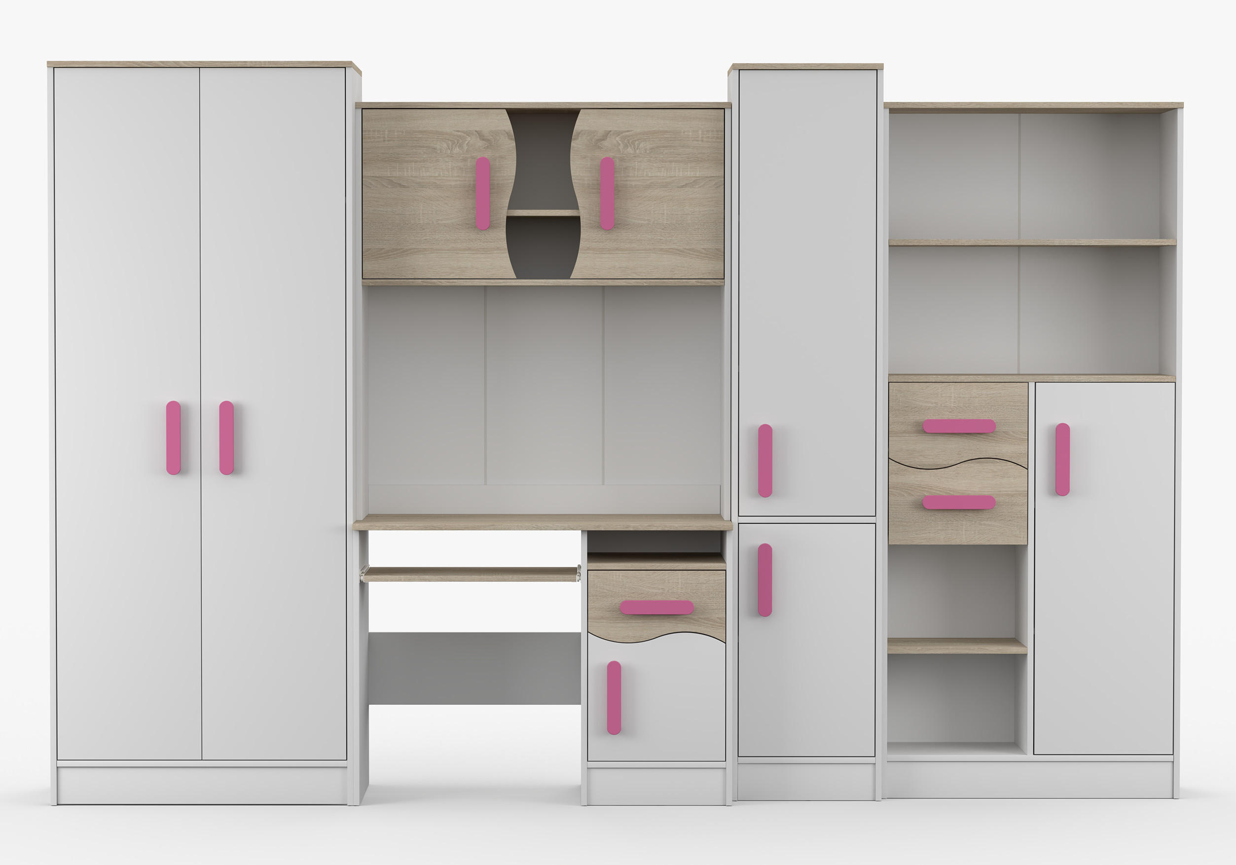 JUGENDZIMMER Wohnwand Colorino in Weiß und Eiche Sonoma – mit rosa Griffen 5 teilig - Kinderzimmer Komplett - Weiß, Holzwerkstoff (80/200/120cm)