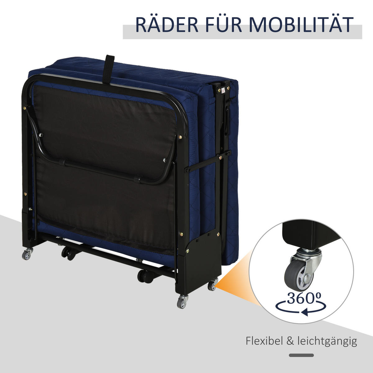 GÄSTEBETT klappbar 2-in-1 Klappbett Verstellbare Kopfteilhöhe mit Rollen Blau - Blau, Metall - HOMCOM