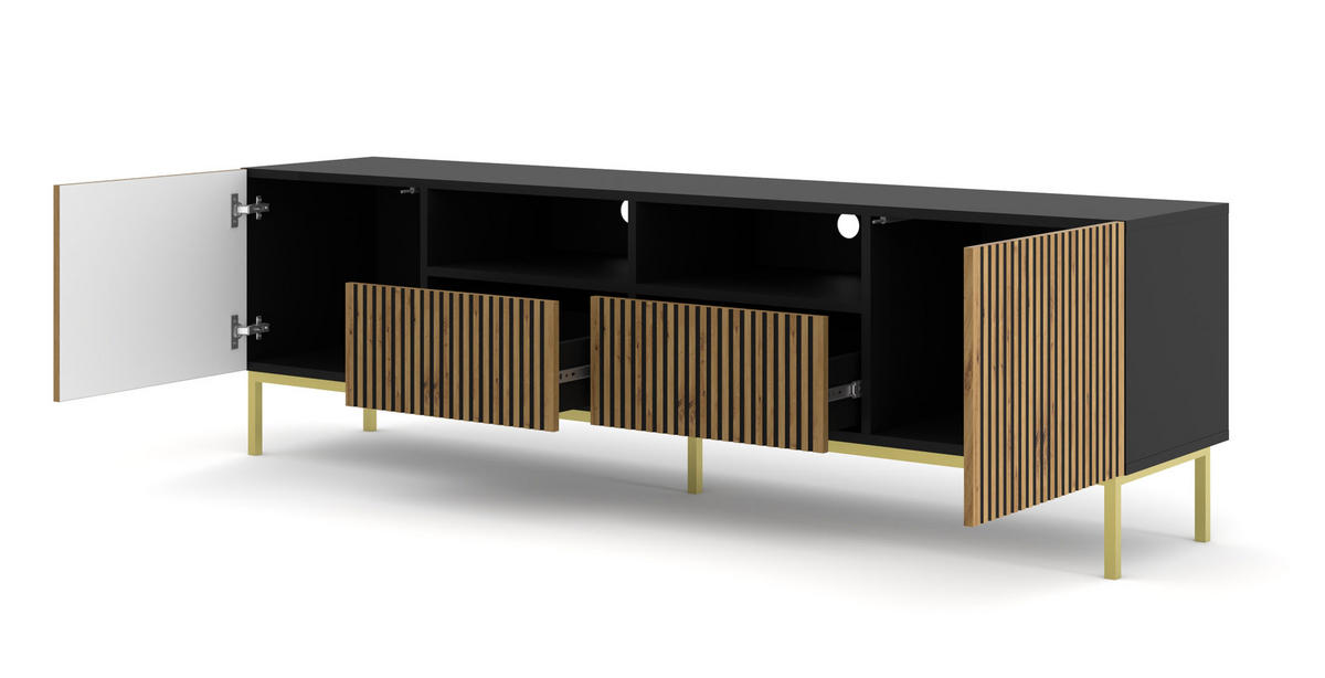 TV LOWBOARD Schwarz, Artisan-Schwarz, Gold 200/58/42 - Goldfarben/Schwarz, Holzwerkstoff (200/58/42cm) - RAUMHIRSCH FURNITURE