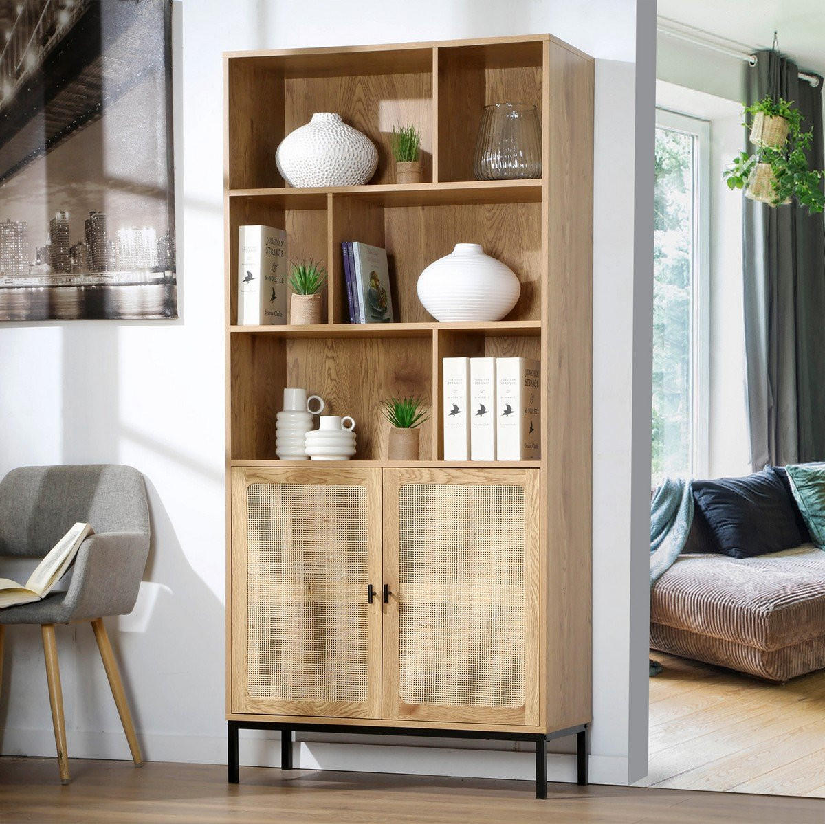 BÜCHERREGAL mit Aufbewahrung 2 Türen aus natürlichem Rattan H175cm - JAYA - Apfelbaumfarben, Holzwerkstoff (35/175/80cm) - Calicosy