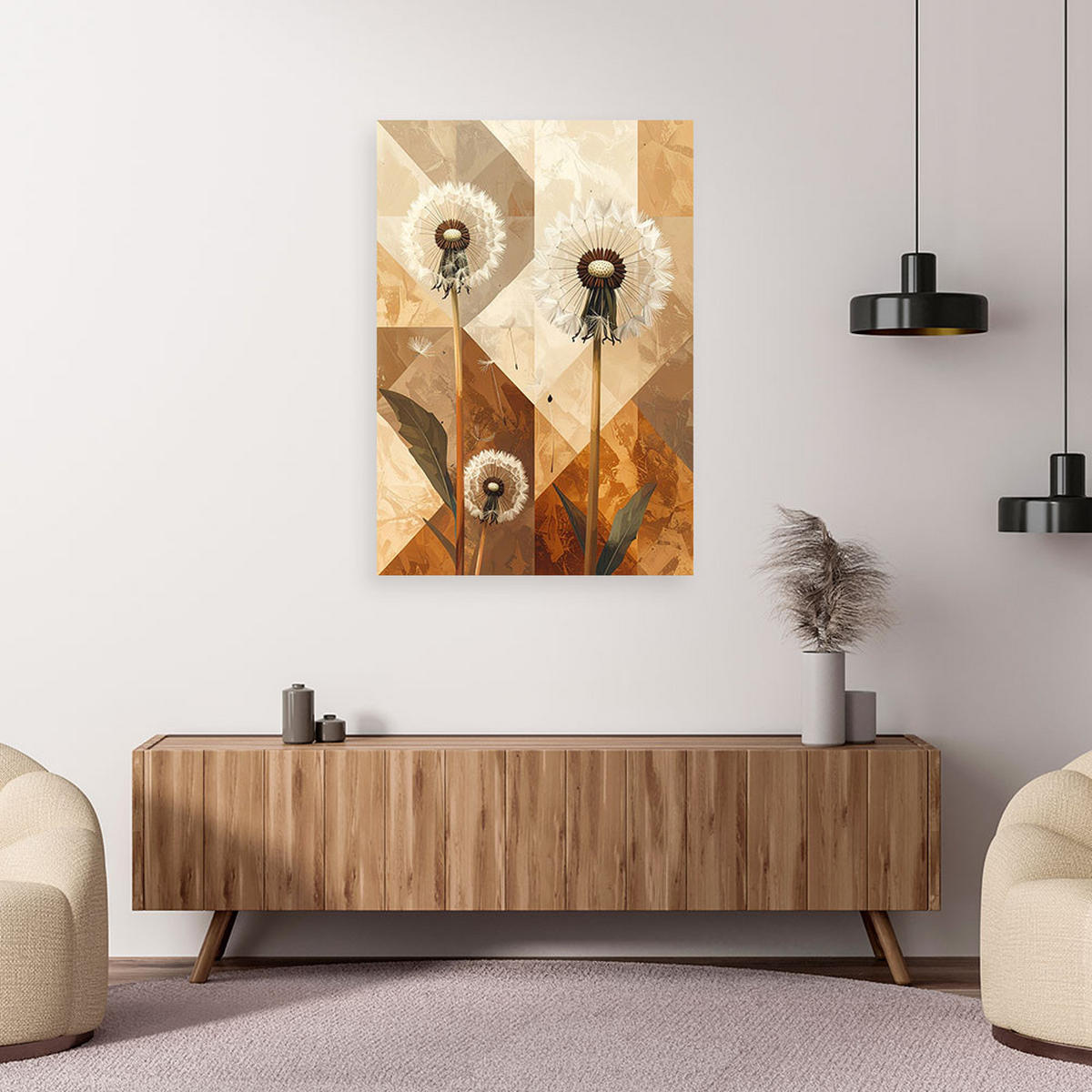 LEINWANDBILD, Dekorative Löwenzahnblüten in einer geometrischen Komposition aus Beige und Braun - Braun, Textil (70/100cm) - Feeby