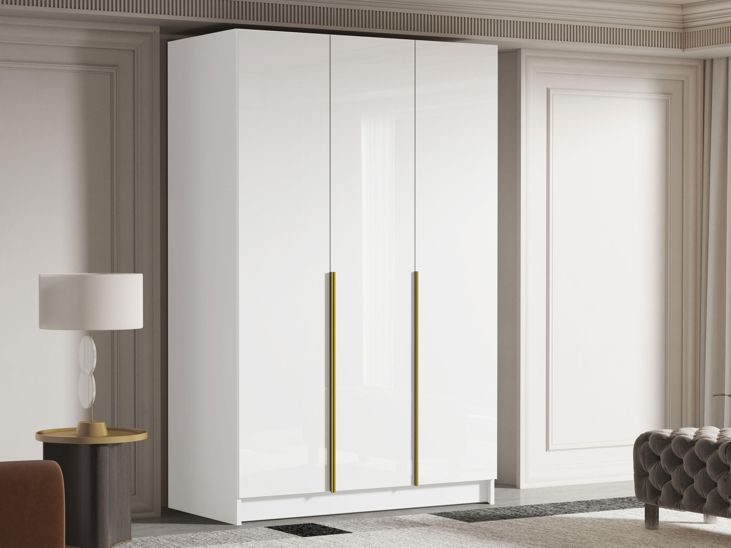 KLEIDERSCHRANK Calia I - Weiß Hochglanz/Goldfarben, Holzwerkstoff/Metall (150/215/58cm) - MIRJAN24