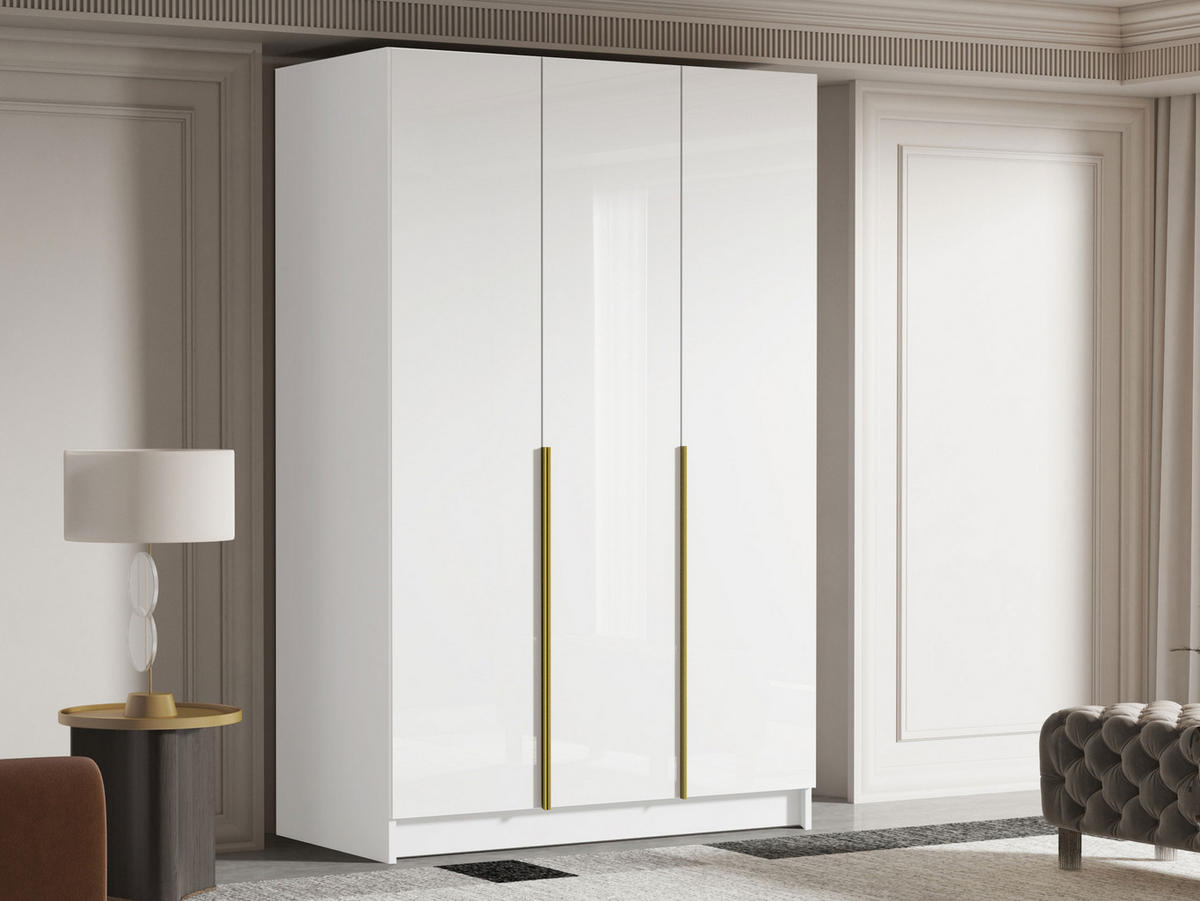 KLEIDERSCHRANK Calia I - Weiß Hochglanz/Goldfarben, Holzwerkstoff/Metall (150/215/58cm) - MIRJAN24