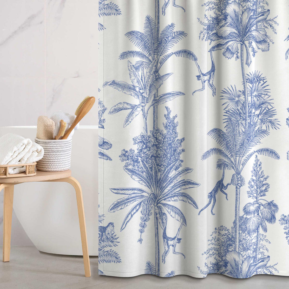 DUSCHVORHANG Kupferstichanmutung - Affen in Blau 200/180 cm - Blau, Textil (200/180cm) - Bilderwelten