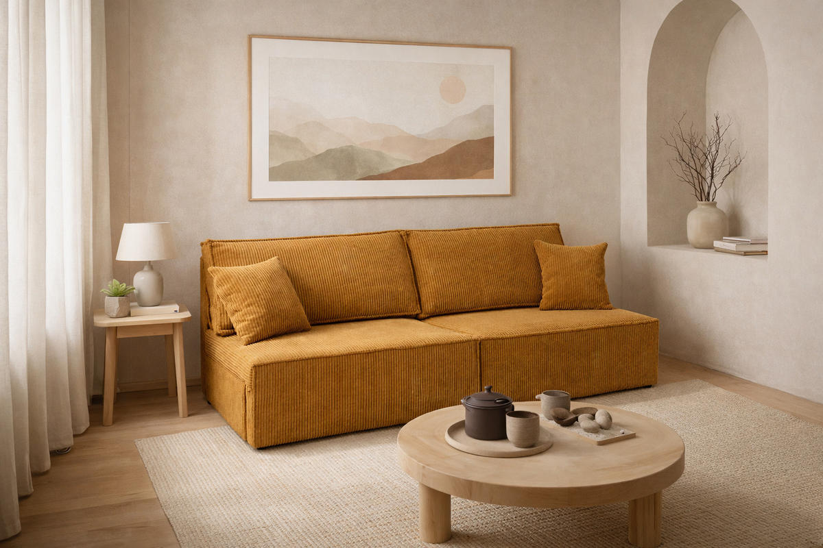 SOFA Mit Schlaffunktion Und Bettkasten, Cordstoff Poso, Senffarbe, BEST MINI - Gelb, Holz (200/83/98cm) - Kaiser Möbel