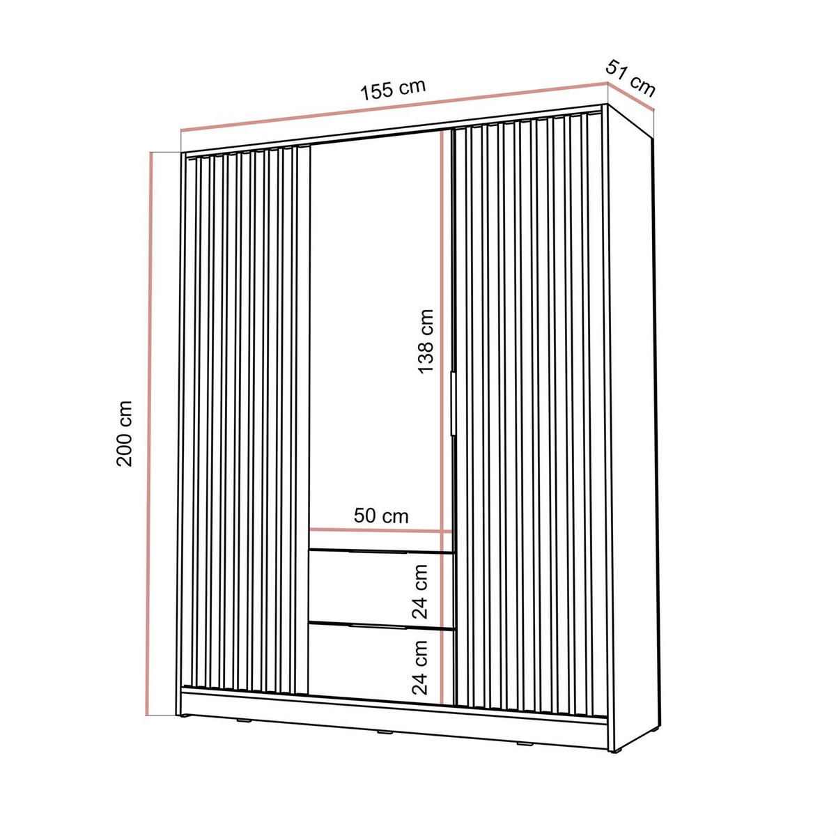 KLEIDERSCHRANK NELA, dreitürig mit Lamellen, 155 cm, Grau/Artisan - Grau, Holzwerkstoff (155/200/51cm) - Lookway