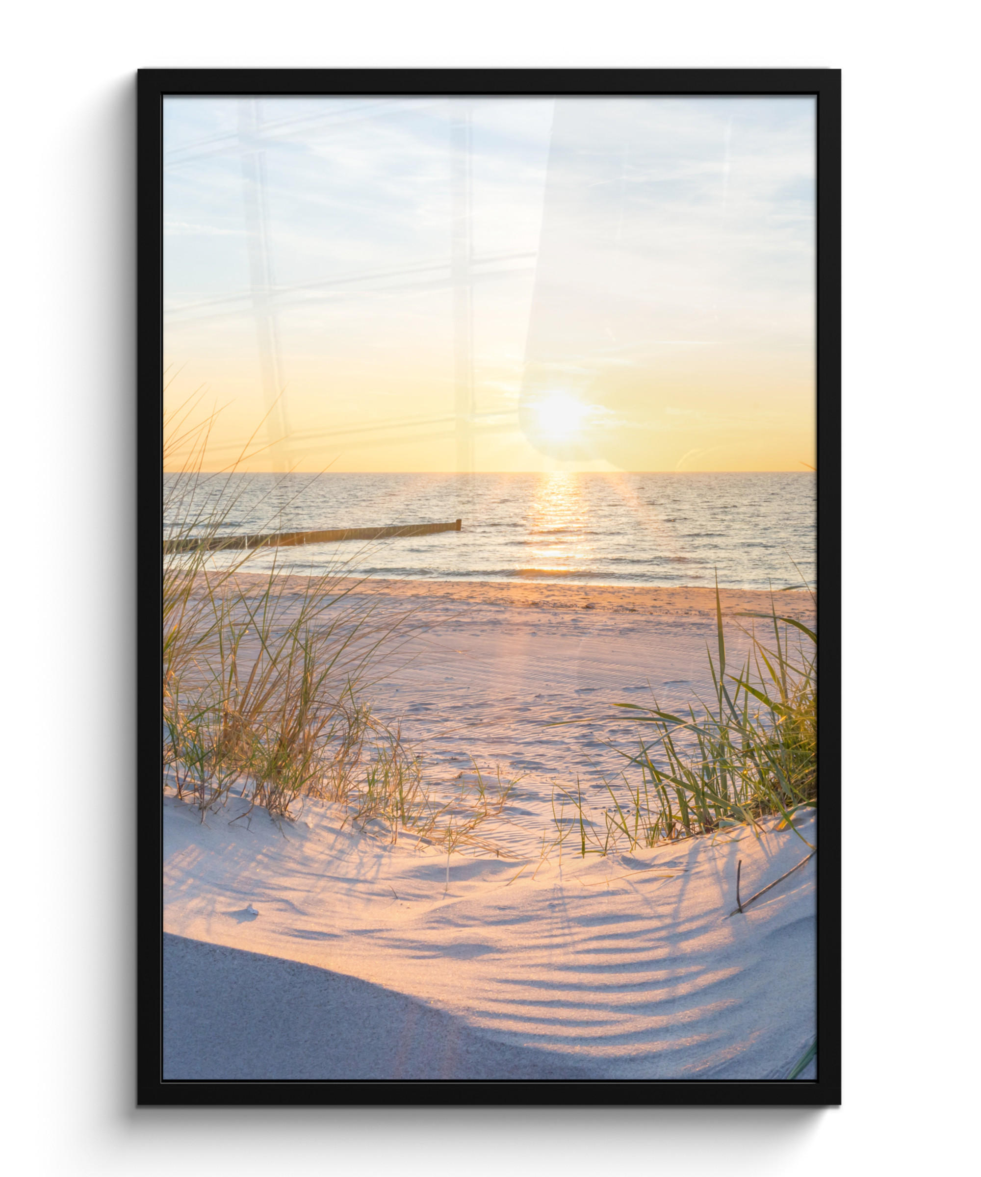 POSTER MIT RAHMEN Strand - Sonne - Düne - Gras - Sand - Horizont 60x90 cm - Hellblau, Papier (60/90cm) - MuchoWow