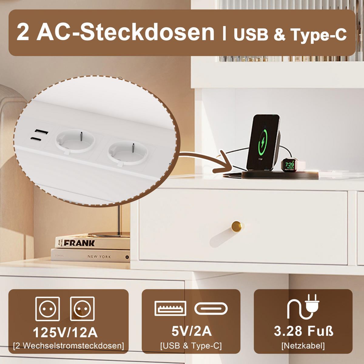 SCHMINKTISCH LED Spiegel USB Type C Glasplatte Weiß - Weiß, Glas (140/140/40cm) - FLIEKS