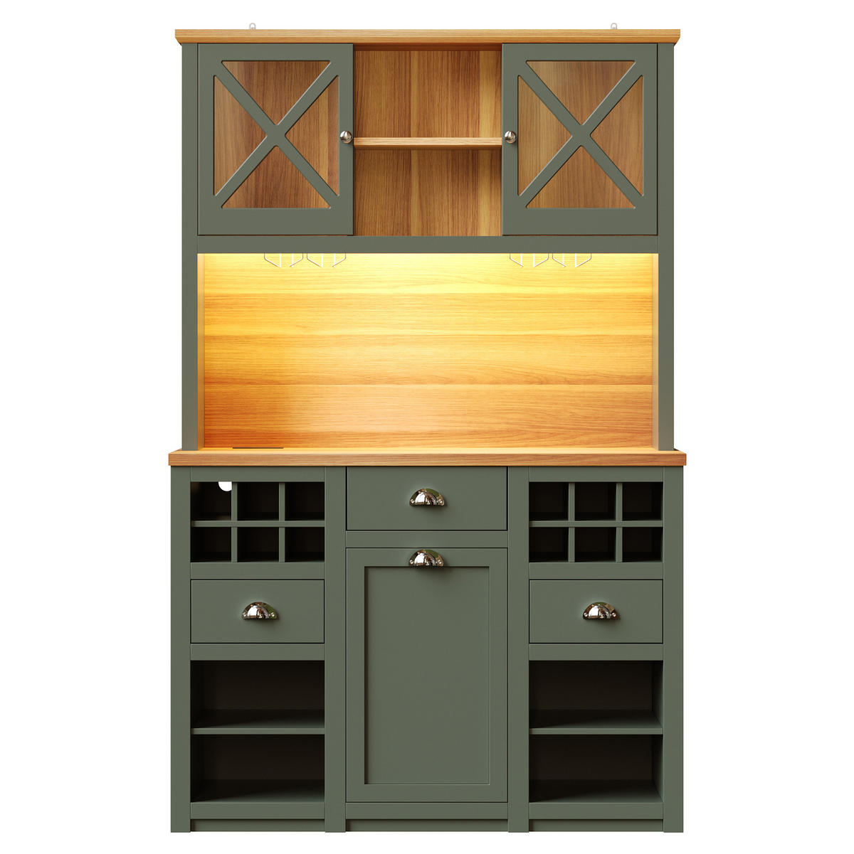 BUFFETSCHRANK 120/45/188 cm mit LED-Beleuchtung, Steckdosen, USB und Weinregal aus MDF und Glas, Antikgrün - Dunkelgrün, Holzwerkstoff (120/188/45cm) - Redom
