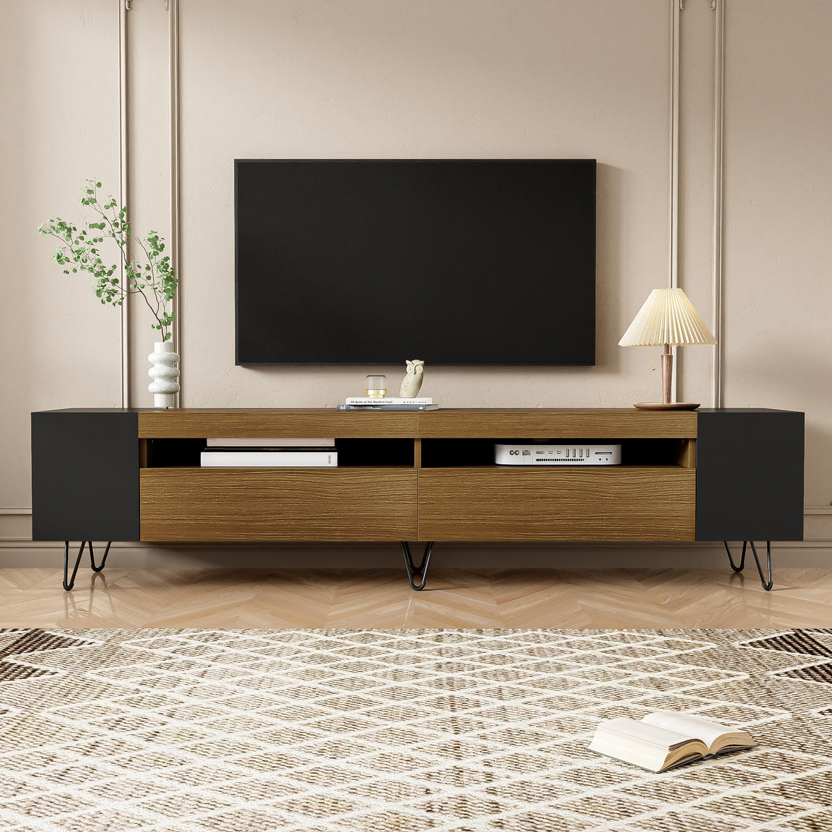 LOWBOARD in Schwarz und Naturfarben TV-Schrank mit offenen Fächern für Wohnzimmer, B180/T36/H43 cm - Schwarz/Naturfarben, Holzwerkstoff/Metall (180/43/36cm) - STILVORA