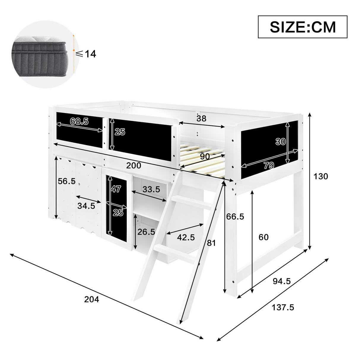 HOCHBETT 90/200 cm Weiß Schwarz mit Stauraum und Kreidetafel aus Kiefer und MDF - Weiß, Holzwerkstoff (90/200cm) - OKWISH