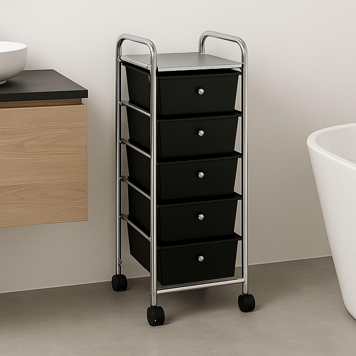 BADROLLWAGEN GINA schwarz - Schwarz, Kunststoff/Metall (33/94/39cm) - IDIMEX