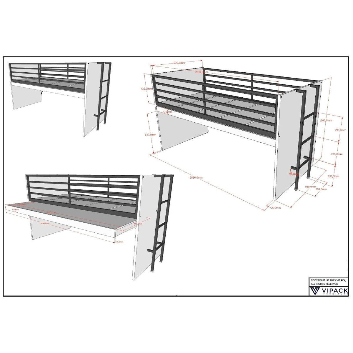HALBHOCHBETT 90x200 Keelia Eiche mit Schreibtisch Stauraum - Eichefarben, Kunststoff (90/200cm) - 58aufmkessel