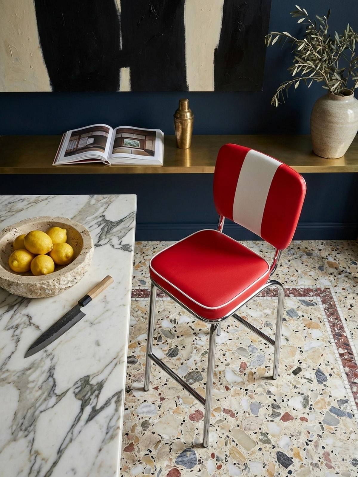 BARHOCKER Kunstleder Chromfuß Retro, Rot 40x38x110 cm - Rot/Silberfarben, Kunststoff/Textil (40/110/38cm) - KADIMA DESIGN
