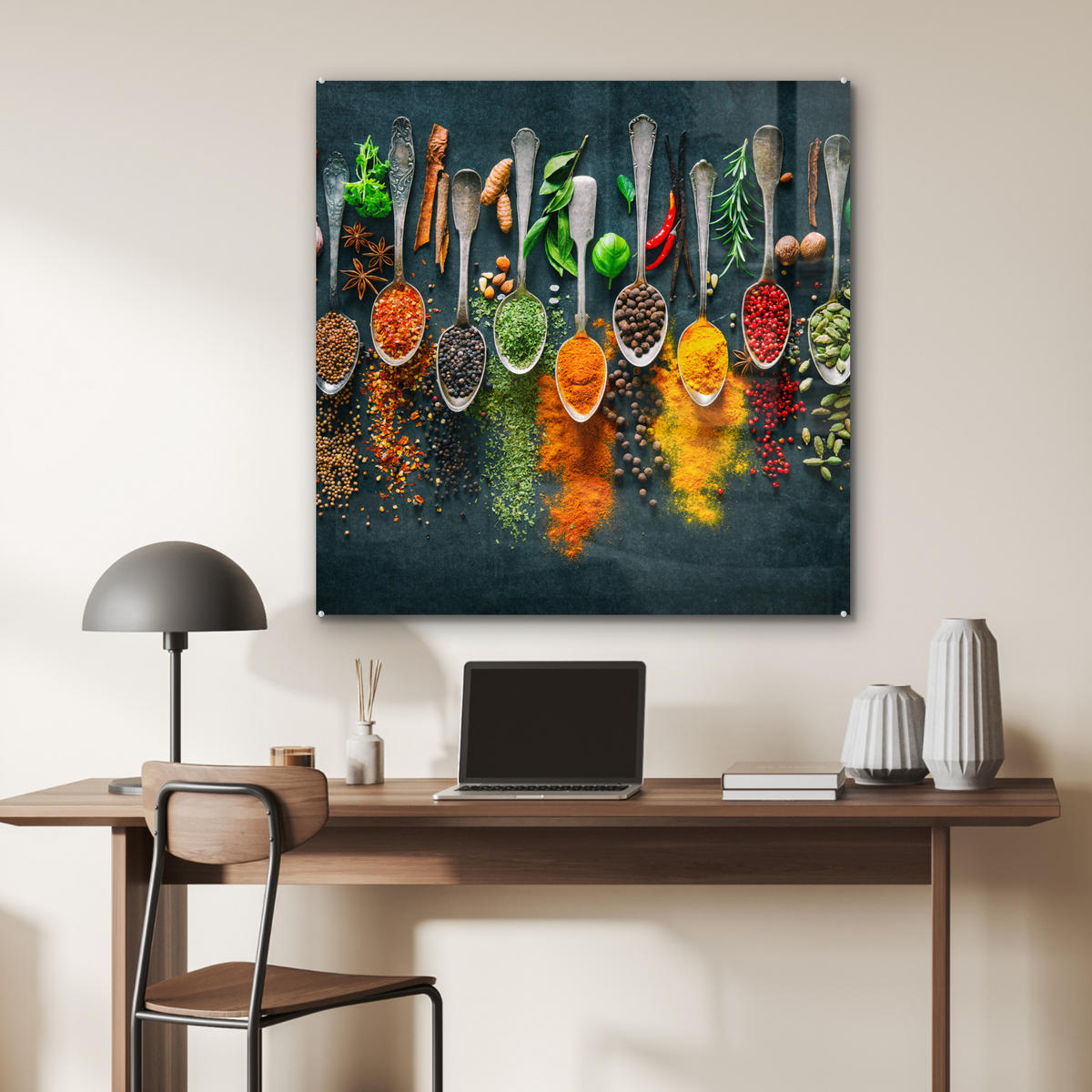 ACRYLGLASBILD Kräuter - Gewürze - Löffel 90x90 cm - Currygelb, Glas (90/90cm) - MuchoWow