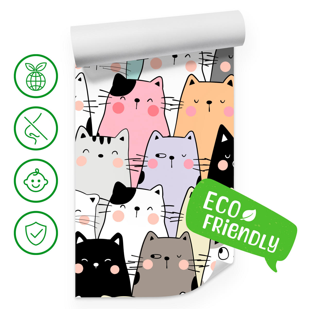 FOTOTAPETE für Kinderzimmer Bunte Katzen Cartoon Abstraktion 250x175 - Blau/Gelb, Papier (250/175cm) - Muralo