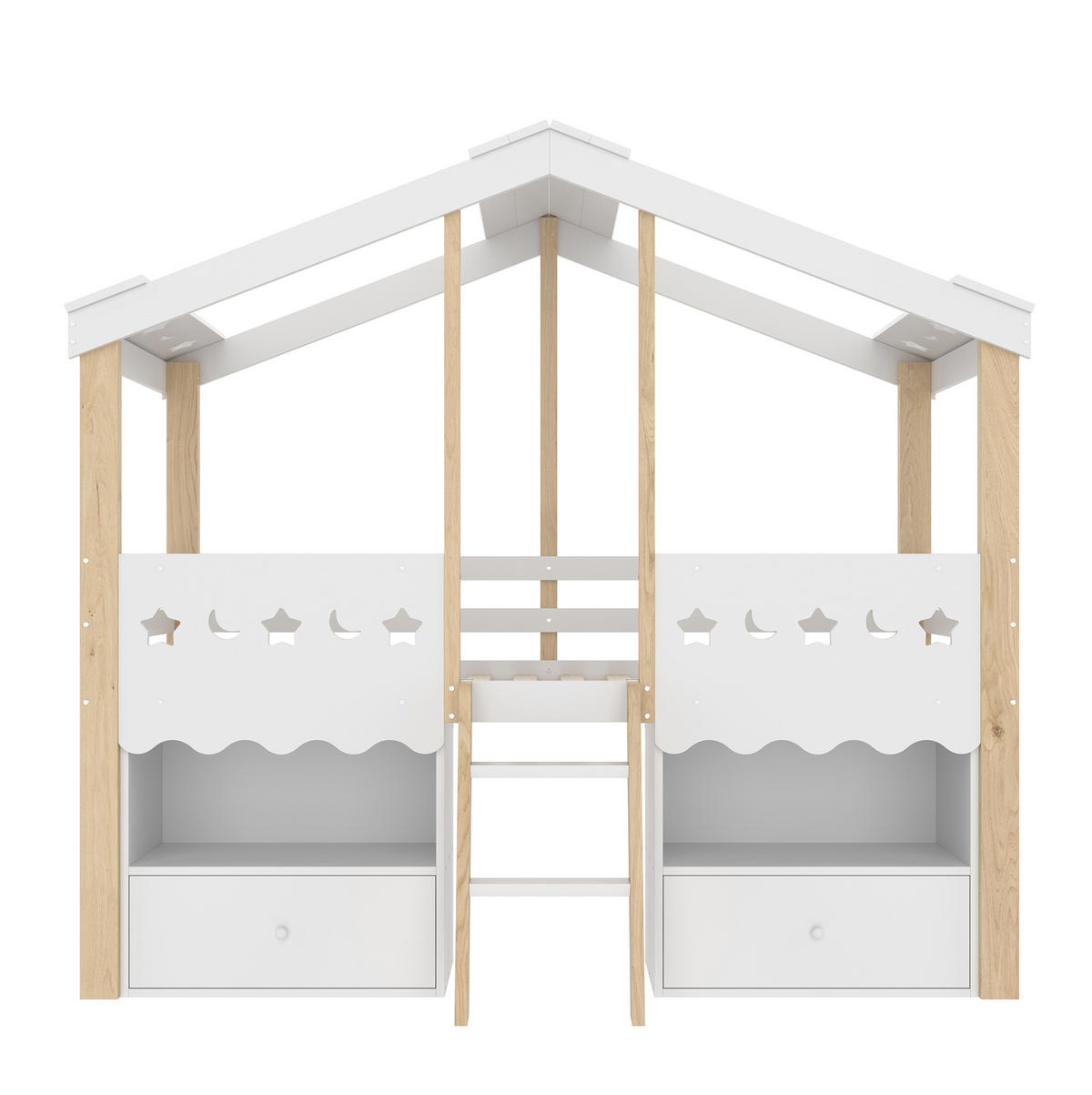 HALBHOHES BETT Hausform 90/200 cm, Weiß/Natur mit LED und Stauraum - Weiß, Holz (90/200cm) - MIVRAY