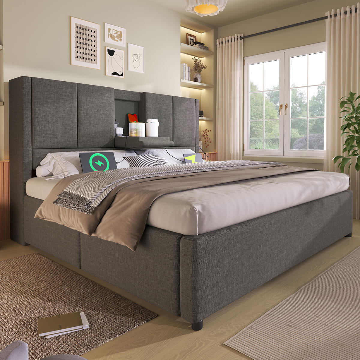 POLSTERBETT 140/200 cm in Grau Leinen mit Bettkasten, USB, Type-C und Becherhalter - Grau, Holzwerkstoff/Textil (140/200cm) - WISHDOR