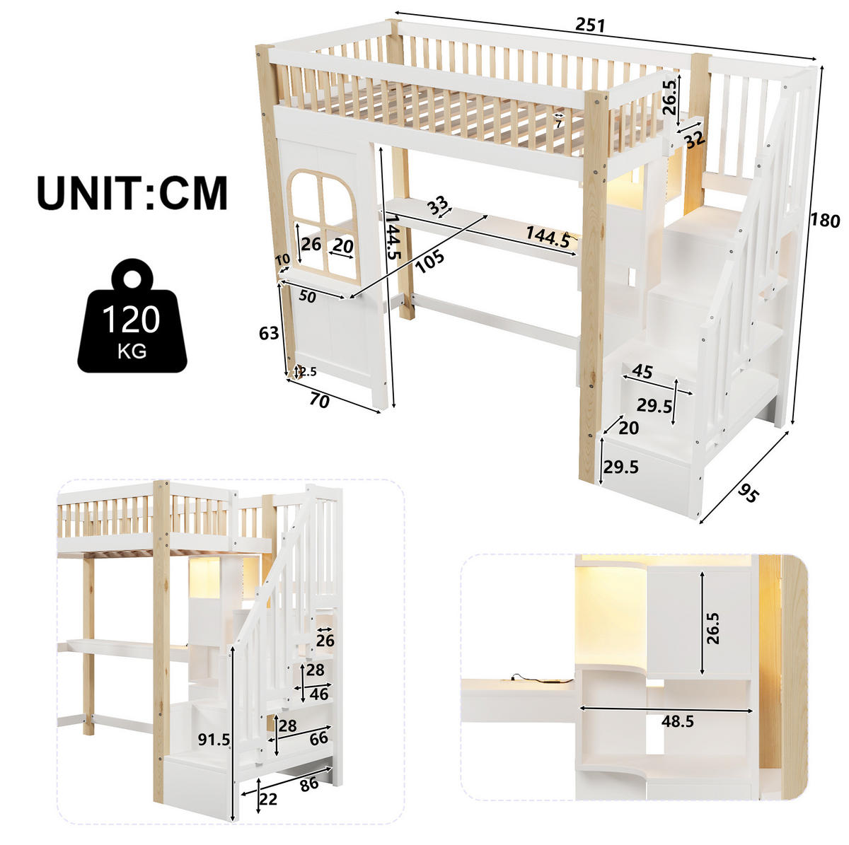 HOCHBETT 90/200 cm mit LED-Leuchten und Schreibtisch in Weiß und Natur - Weiß, Holz (140/200cm) - OKWISH