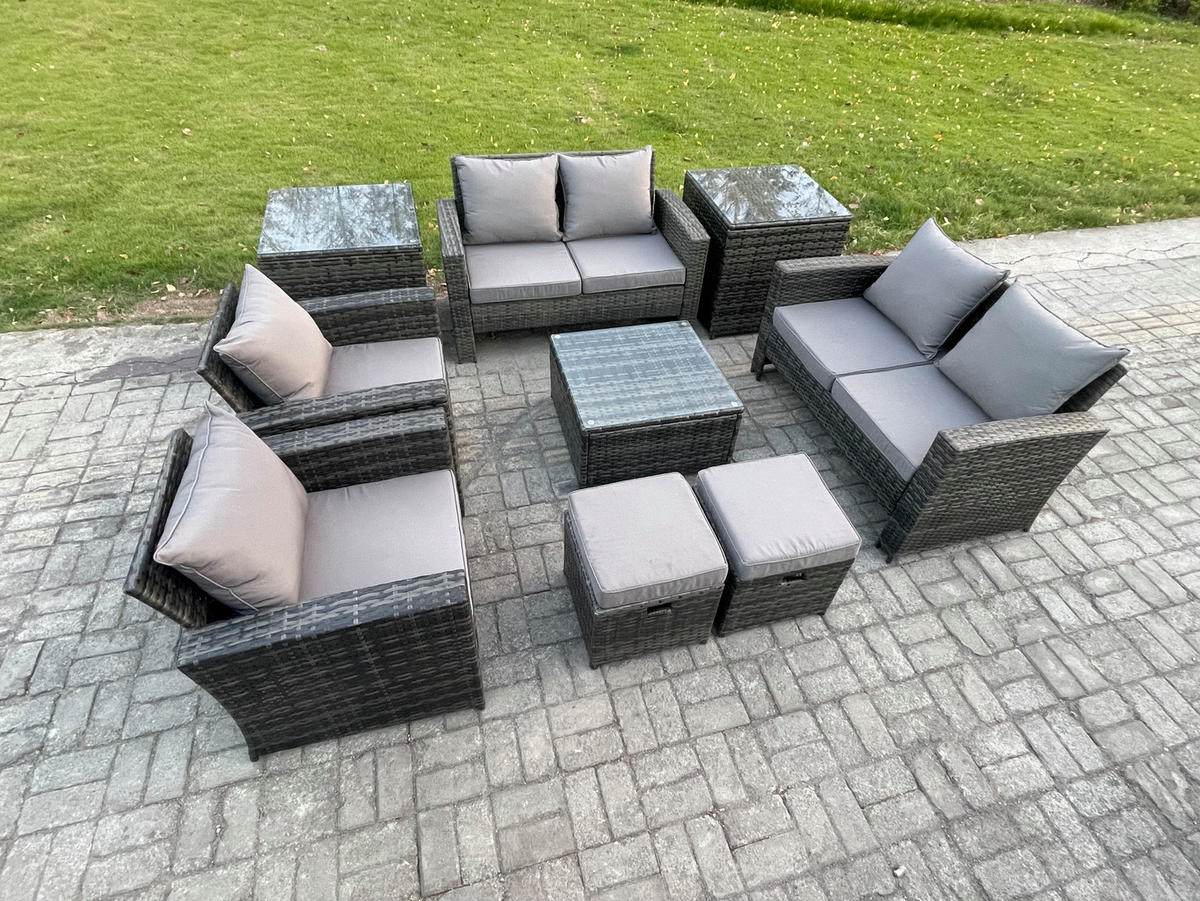 GARTENMÖBEL-SET mit Kissen Polyrattan Dunkelgrau 8-Sitzer - Dunkelgrau, Metall - Fimous