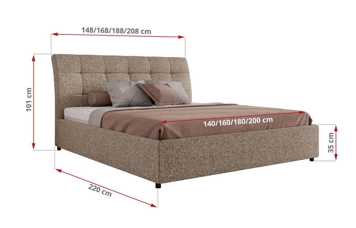 POLSTERBETT GALA CLASSIC 180/200 - Dunkelbeige Strukture - Pocket-Matratze - Taupe, Textil (180/200cm) - MKS