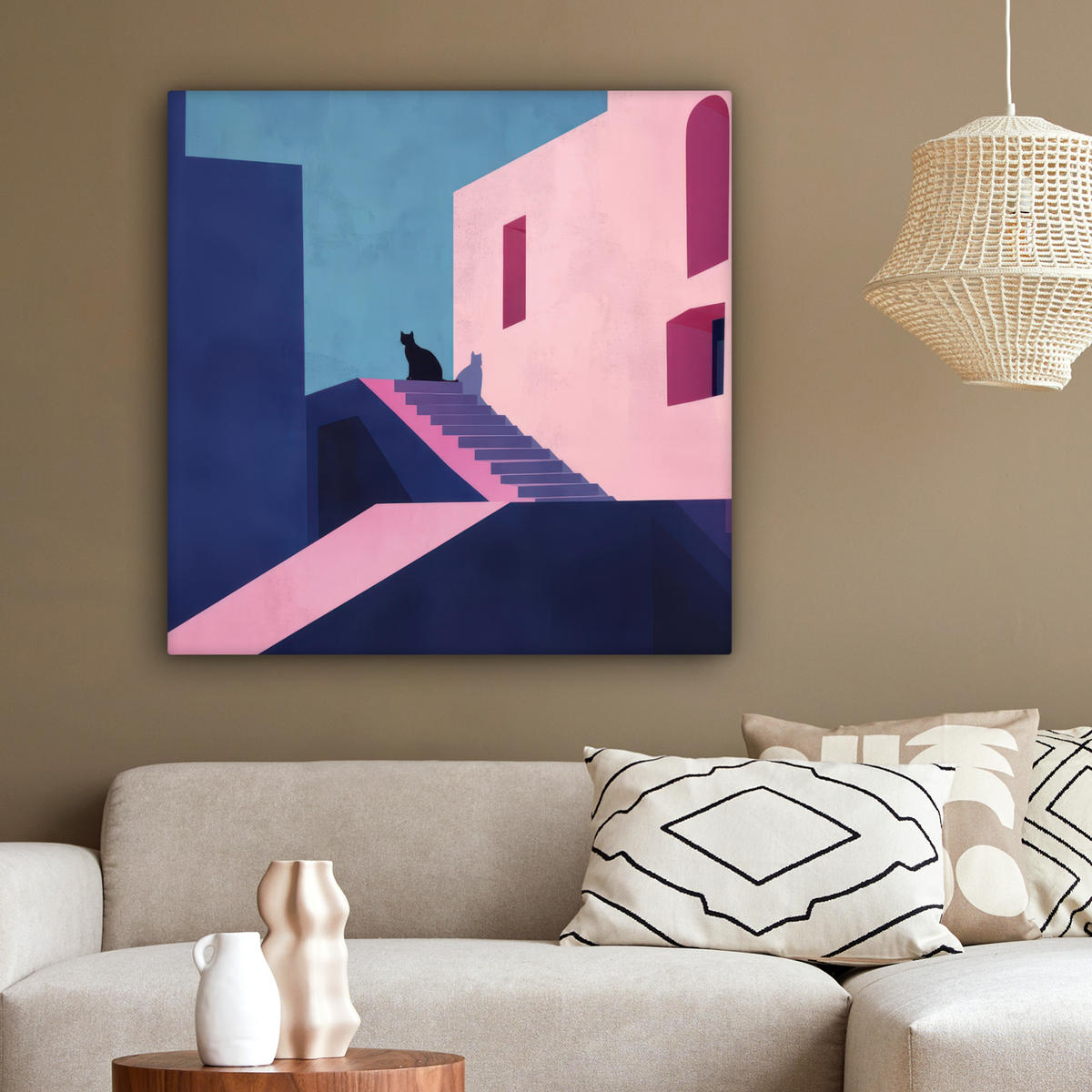 LEINWANDBILD Katze - Treppe - Gebäude - Schattenkontraste Deko Groß 90x90 cm - Dunkelblau, Textil (90/90cm) - MuchoWow