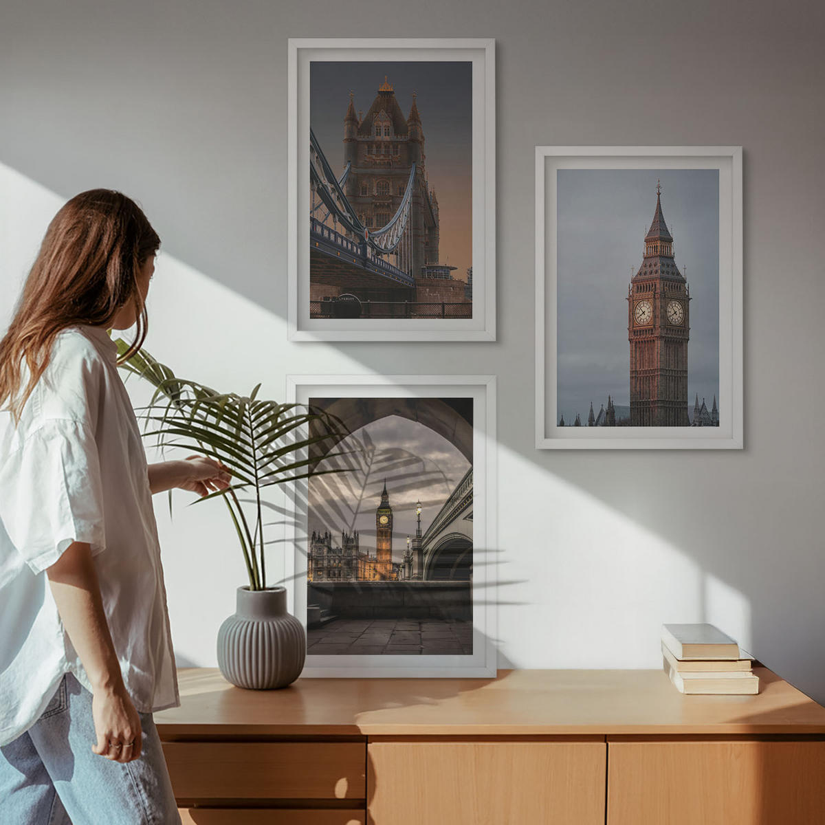 BILDER SET 3er Set - 40x60 cm Weißer Rahmen - London Bridge Big Ben Uhr - Weiß, Kunststoff (40/60cm) - TULUP