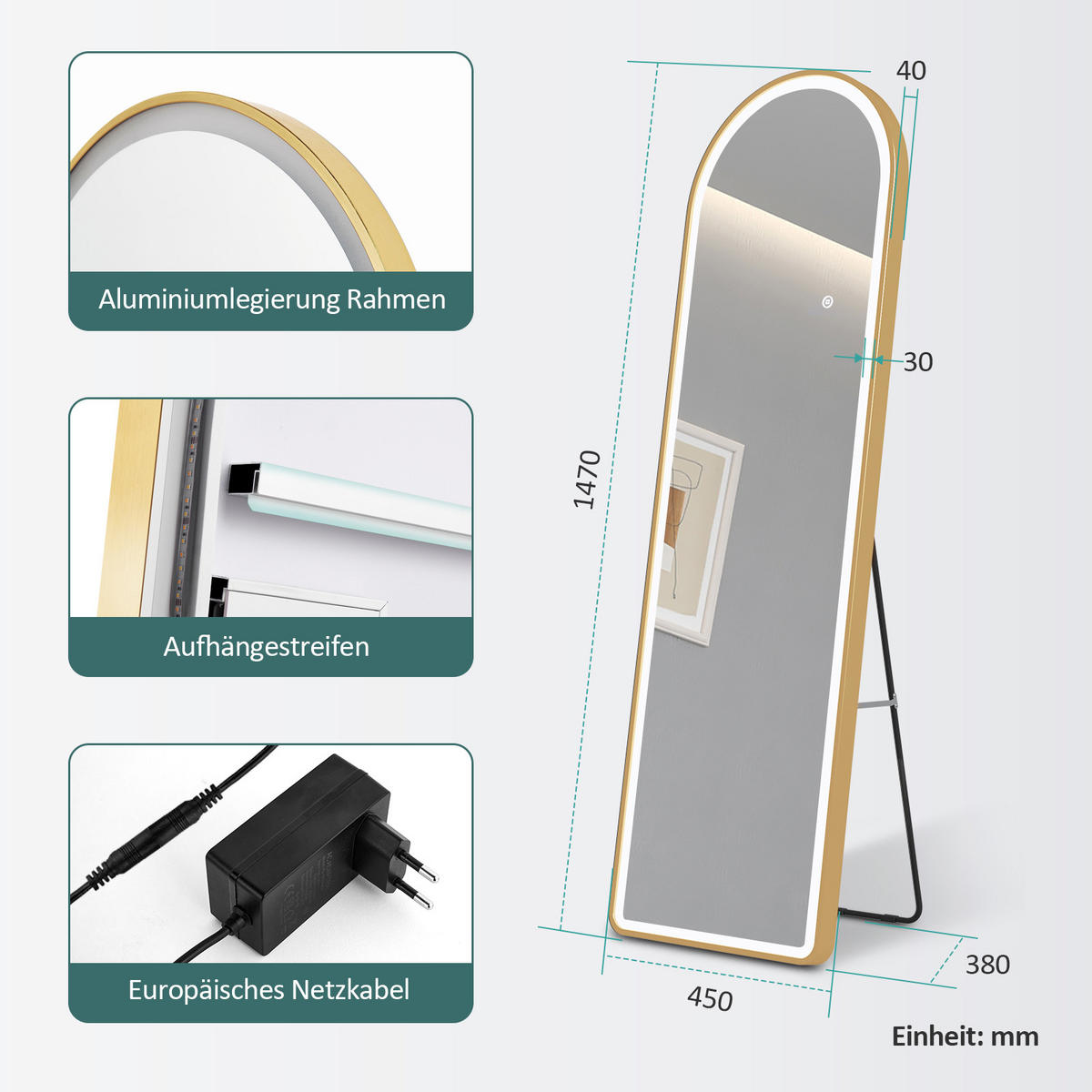 STANDSPIEGEL mit Beleuchtung und Rahmen Gold 147/45 cm - Goldfarben, Glas/Metall (45/147/147cm) - EMKE