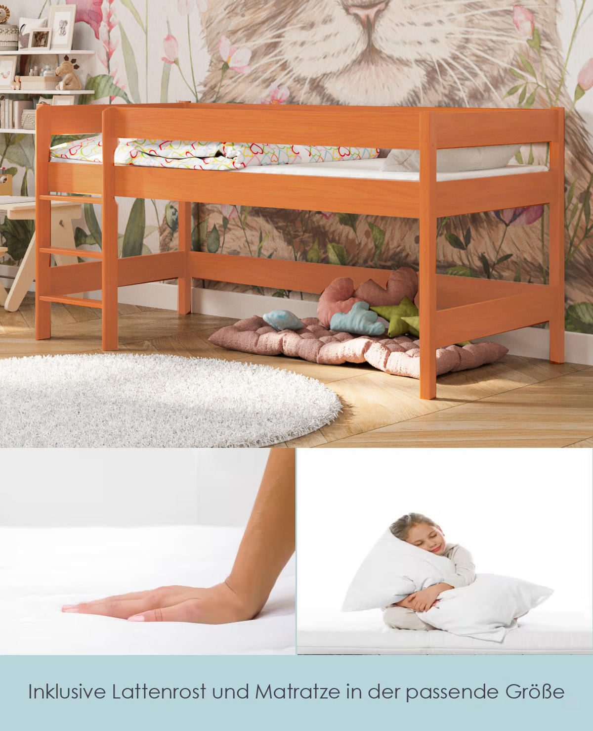 HOCHBETT Leo 140x70 teak mit Matratze - Braun, Holzwerkstoff (70/140cm) - LUKDOM