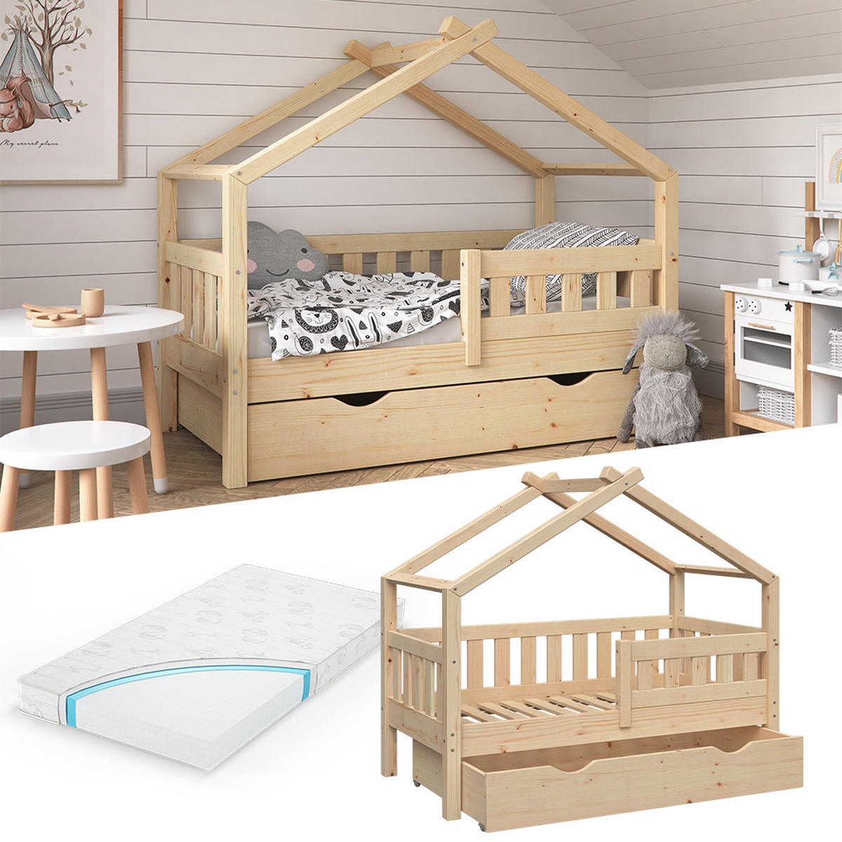 HAUSBETT Design Naturholz 70x140 cm mit Schublade und Matratze - Naturfarben, Holz (70/140cm) - VitaliSpa