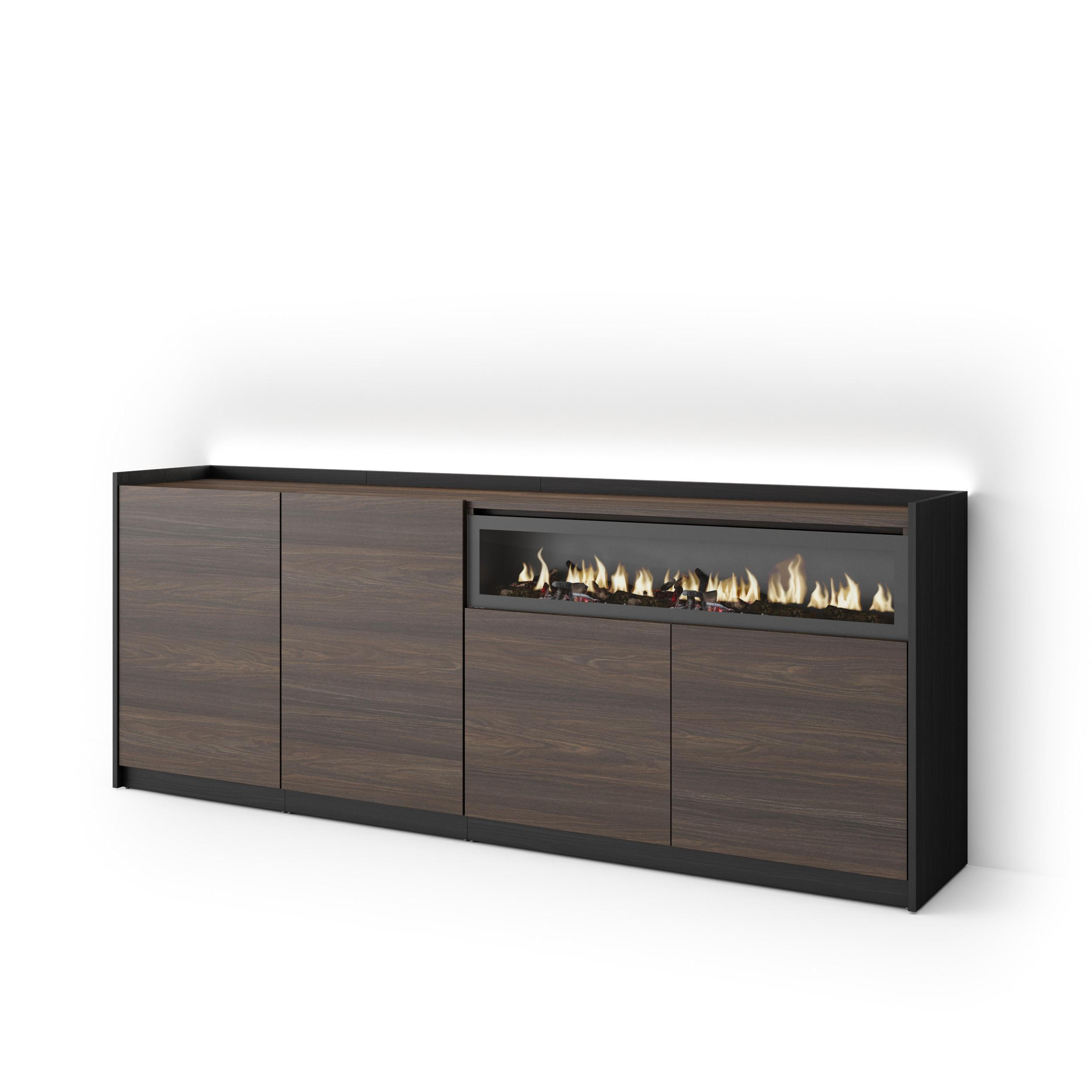 SIDEBOARD, Eiche und Schwarz, 207/37/80cm, Kamin mit Feuereffekt - Dunkelbraun, Holzwerkstoff (207/80/37cm) - Skraut Home