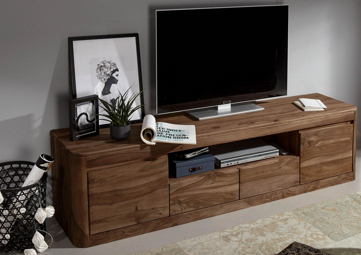 TV-BOARD Sheesham 200x45x50 rot-braun gebeizt TORONTO #151 - Dunkelbraun, Holz (200/50/45cm) - Massivmoebel24