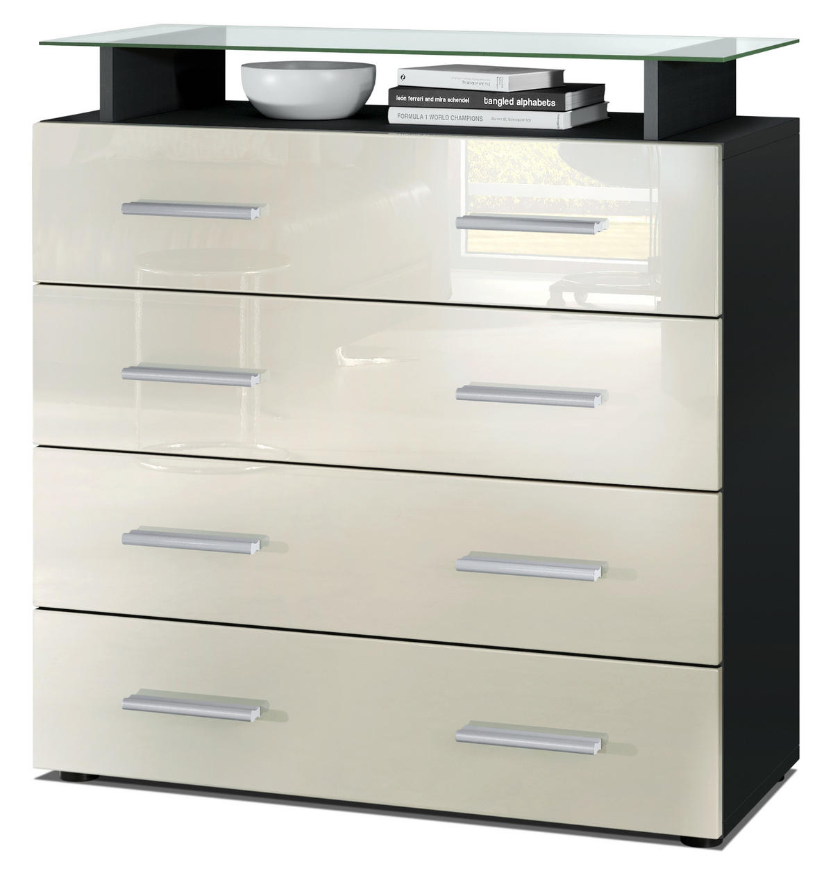 KOMMODE Pavos Creme Hochglanz - Creme, Holzwerkstoff (76/81/35cm) - Vladon