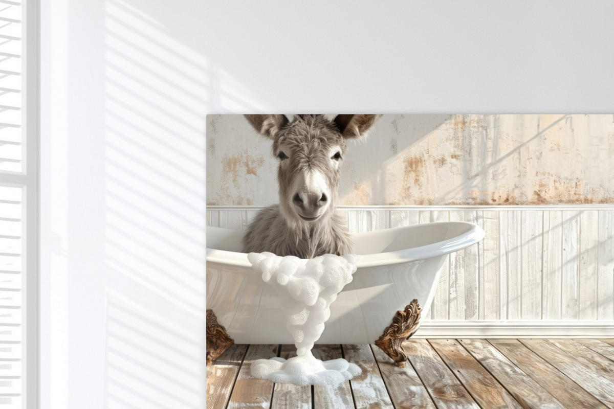 LEINWANDBILD Esel - Tiere - Badewanne - Schaumstoff Wohnzimmer 120x80 cm - Weiß, Textil (120/80cm) - MuchoWow