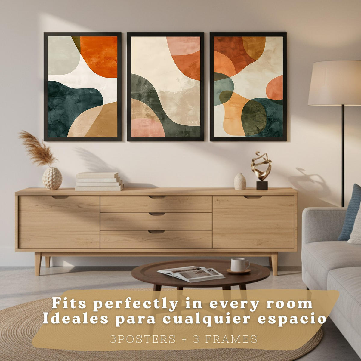 PLAKAT Sada 3 Abstraktní tvary A3 Černý rám - černá, papír (29.7/1/42cm) - Nacnic