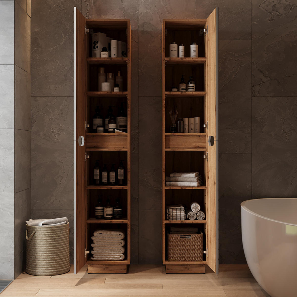 BADSCHRANK Lotta Eiche/Grau mit Kachelstruktur 33 x 186 cm mit 2 Türen - Grau, Holzwerkstoff (33/186/35cm) - Vicco